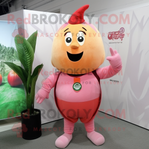 Peach Beet mascot costume character dressed with a Rash Guard and Suspenders