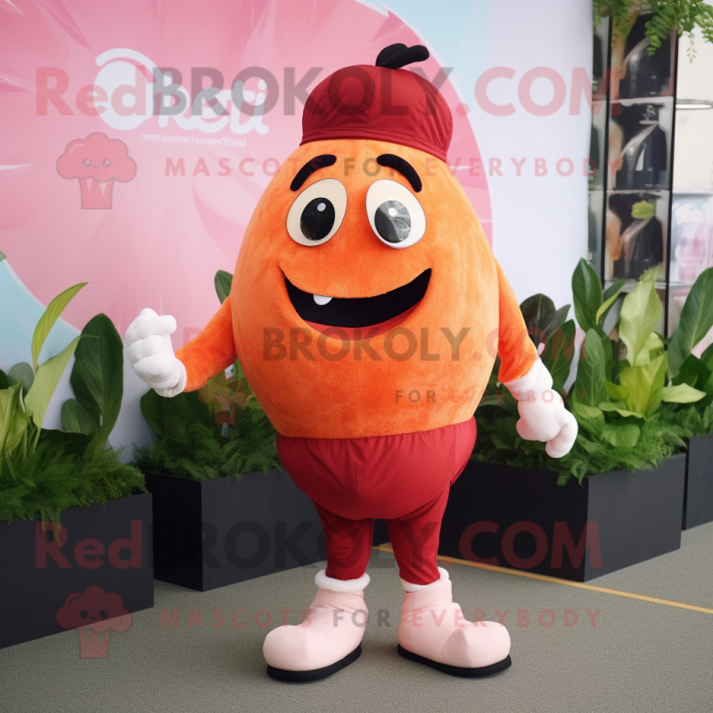 Peach Beet mascot costume character dressed with a Rash Guard and Suspenders