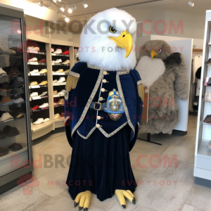 Navy Bald Eagle mascot costume character dressed with a Evening Gown and Coin purses