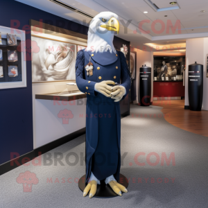 Navy Bald Eagle mascot costume character dressed with a Evening Gown and Coin purses
