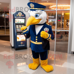 Navy Bald Eagle mascot costume character dressed with a Evening Gown and Coin purses
