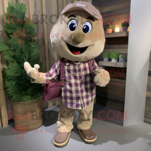 Tan Grape mascot costume character dressed with a Flannel Shirt and Coin purses