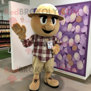 Tan Grape mascot costume character dressed with a Flannel Shirt and Coin purses