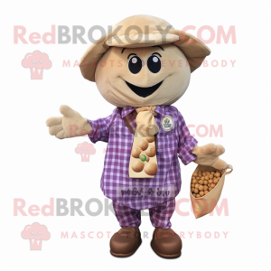 Tan Grape mascot costume character dressed with a Flannel Shirt and Coin purses