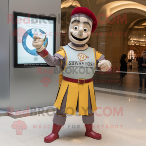 Beige Swiss Guard mascot costume character dressed with a Yoga Pants and Bracelet watches