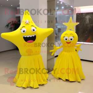 Yellow Starfish mascot costume character dressed with a Evening Gown and Cummerbunds