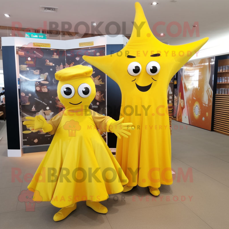 Yellow Starfish mascot costume character dressed with a Evening Gown and Cummerbunds