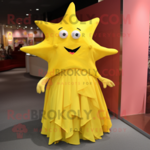 Yellow Starfish mascot costume character dressed with a Evening Gown and Cummerbunds