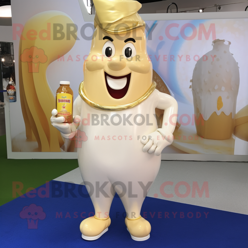 Gold Bottle Of Milk mascot costume character dressed with a Capri Pants and Brooches