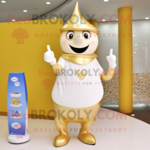 Gold Bottle Of Milk mascot costume character dressed with a Capri Pants and Brooches