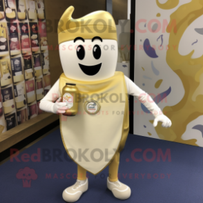 Gold Bottle Of Milk mascot costume character dressed with a Capri Pants and Brooches