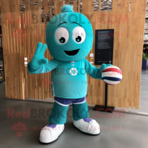 Turquoise Volleyball Net mascot costume character dressed with a Corduroy Pants and Smartwatches