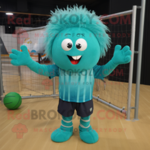 Turquoise Volleyball Net mascot costume character dressed with a Corduroy Pants and Smartwatches