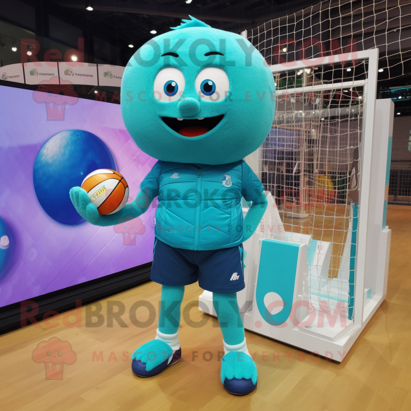 Turquoise Volleyball Net mascot costume character dressed with a Corduroy Pants and Smartwatches