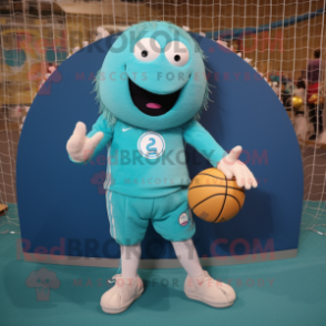 Turquoise Volleyball Net mascot costume character dressed with a Corduroy Pants and Smartwatches