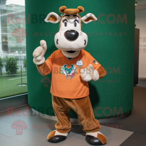 Tan Jersey Cow mascot costume character dressed with a Graphic Tee and Keychains