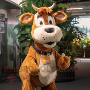 Tan Jersey Cow mascot costume character dressed with a Graphic Tee and Keychains