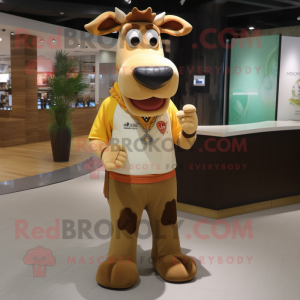 Tan Jersey Cow mascot costume character dressed with a Graphic Tee and Keychains