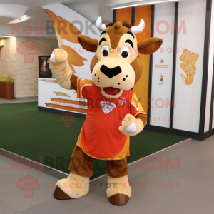 Tan Jersey Cow mascot costume character dressed with a Graphic Tee and Keychains