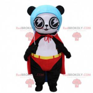 Mascota panda vestida de superhéroe, disfraz de oso -