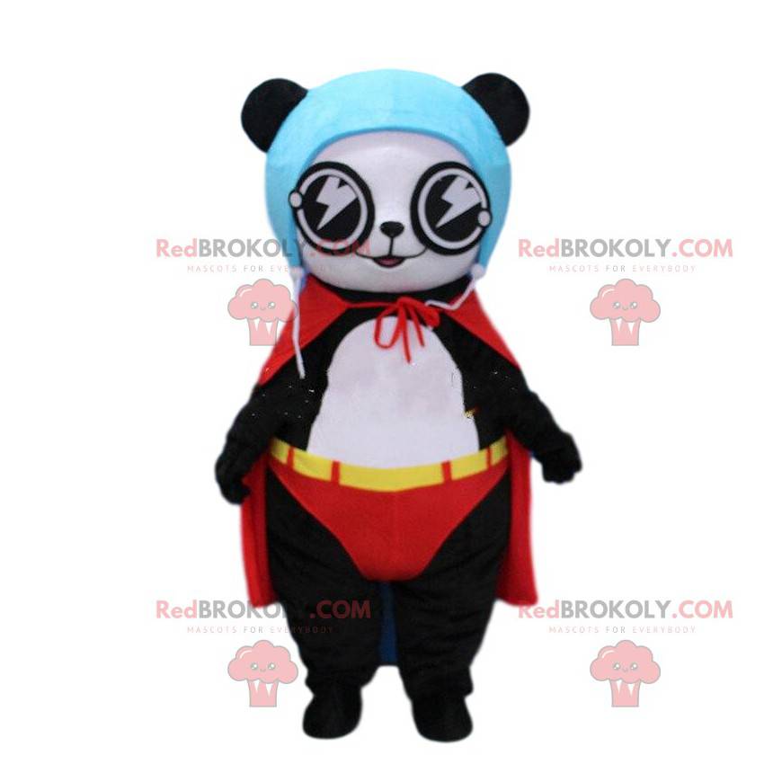 Panda maskot oblečený jako kostým superhrdiny, medvěd -