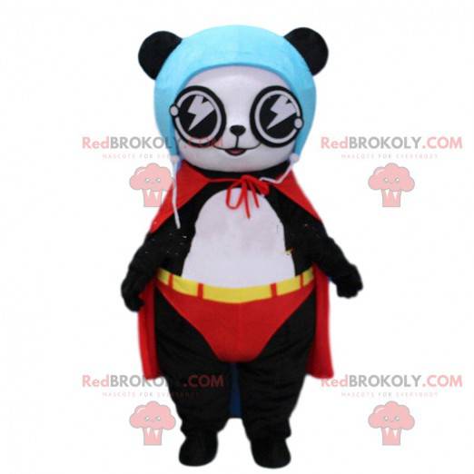 Panda maskot kledd som en superhelt, bjørnekostyme -