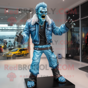 Sky Blue Frankenstein'S Monster mascot costume character dressed with a Leather Jacket and Foot pads