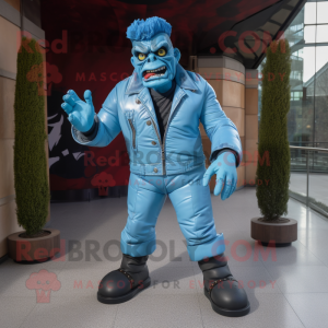 Sky Blue Frankenstein'S Monster mascot costume character dressed with a Leather Jacket and Foot pads