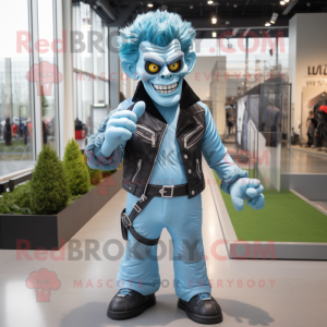 Sky Blue Frankenstein'S Monster mascot costume character dressed with a Leather Jacket and Foot pads