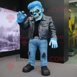 Sky Blue Frankenstein'S Monster mascot costume character dressed with a Leather Jacket and Foot pads