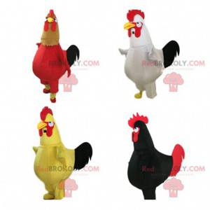 4 coqs géants et colorés, mascottes de poulets colorés -