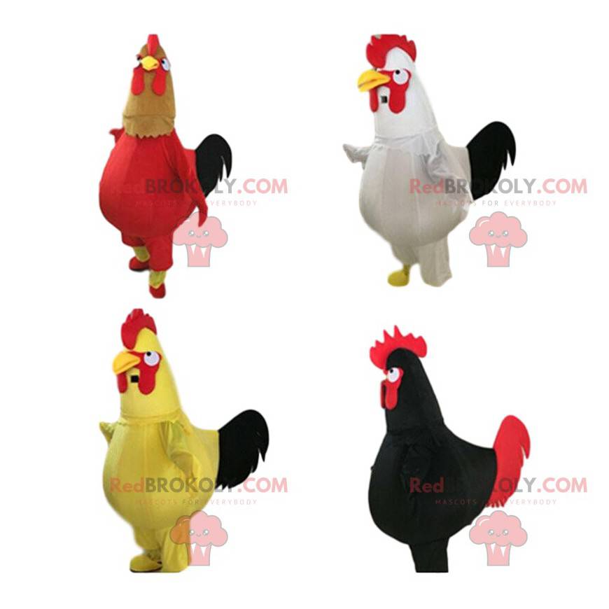 4 coqs géants et colorés, mascottes de poulets colorés -
