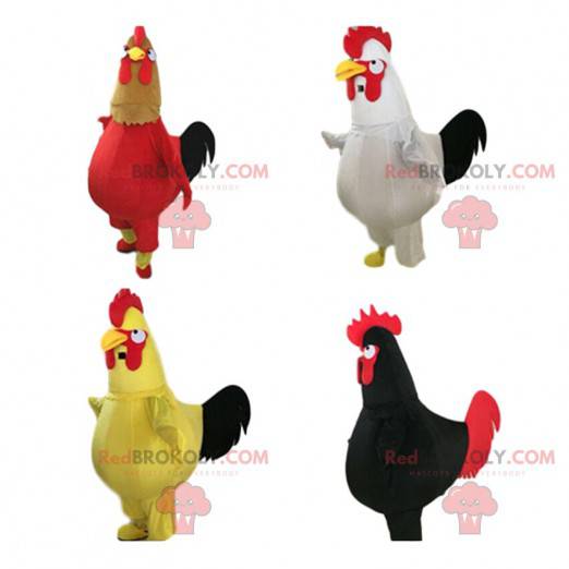 4 galli giganti e colorati, mascotte di galline colorate -