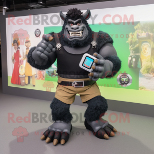 Black Ogre mascot costume character dressed with a Oxford Shirt and Smartwatches