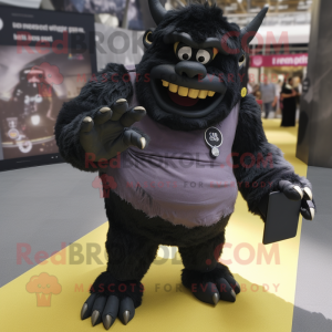 Black Ogre mascot costume character dressed with a Oxford Shirt and Smartwatches