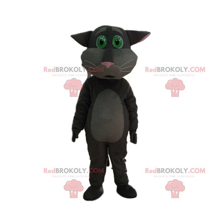 Grå kat maskot ser bevægende, fortryllende kostume ud -
