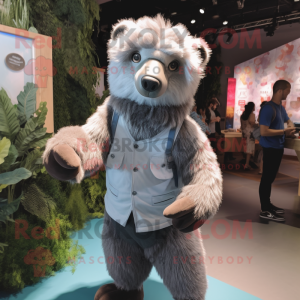 Silver Sloth Bear mascot costume character dressed with a Romper and Suspenders