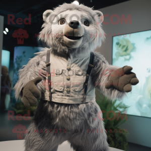 Silver Sloth Bear mascot costume character dressed with a Romper and Suspenders