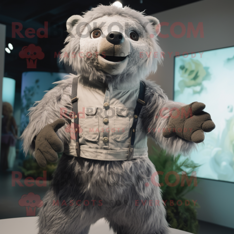Silver Sloth Bear mascot costume character dressed with a Romper and Suspenders Silver Sloth Bear mascot costume character dressed with a Romper and Suspenders