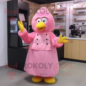Pink Canary mascot costume character dressed with a Midi Dress and Mittens