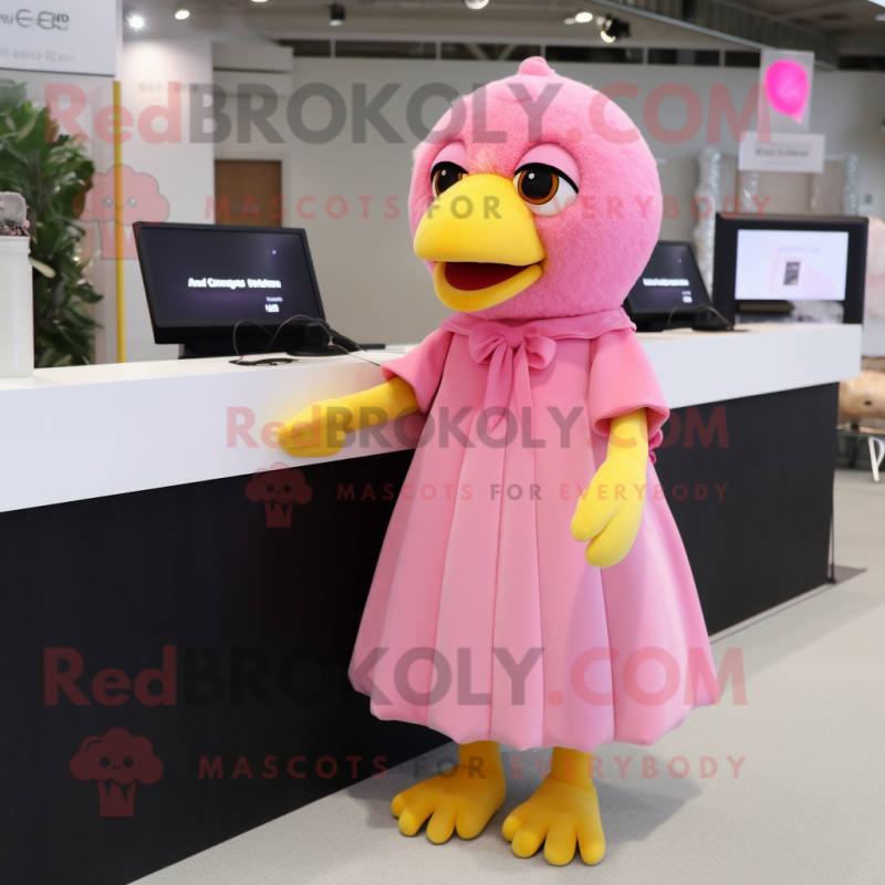Pink Canary mascot costume character dressed with a Midi Dress and Mittens Pink Canary mascot costume character dressed with a Midi Dress and Mittens