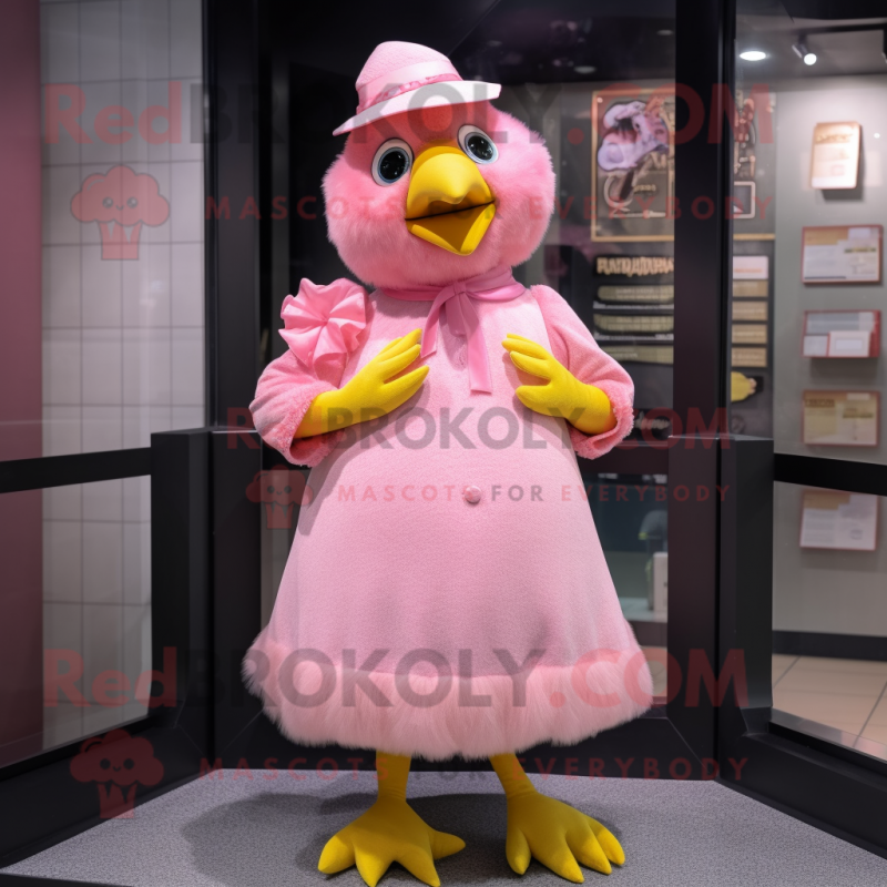 Pink Canary mascot costume character dressed with a Midi Dress and Mittens