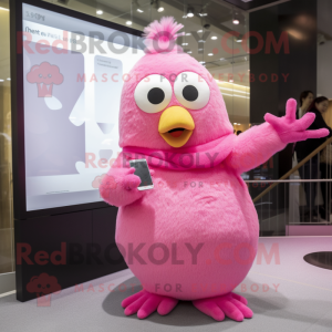 Pink Canary mascot costume character dressed with a Midi Dress and Mittens