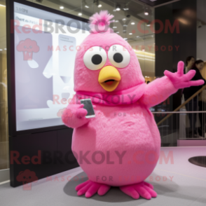Pink Canary mascot costume character dressed with a Midi Dress and Mittens