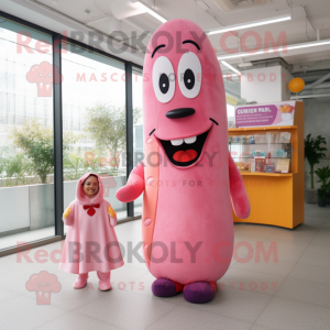Pink Hot Dogs mascot costume character dressed with a Cocktail Dress and Shoe laces