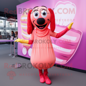 Pink Hot Dogs mascot costume character dressed with a Cocktail Dress and Shoe laces