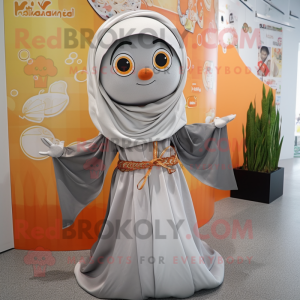 Silver Apricot mascot costume character dressed with a Maxi Skirt and Shawls