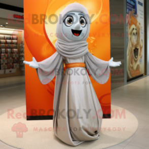 Silver Apricot mascot costume character dressed with a Maxi Skirt and Shawls