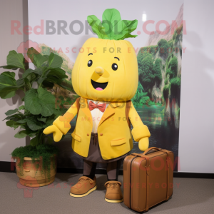 Yellow Turnip mascot costume character dressed with a Jacket and Briefcases