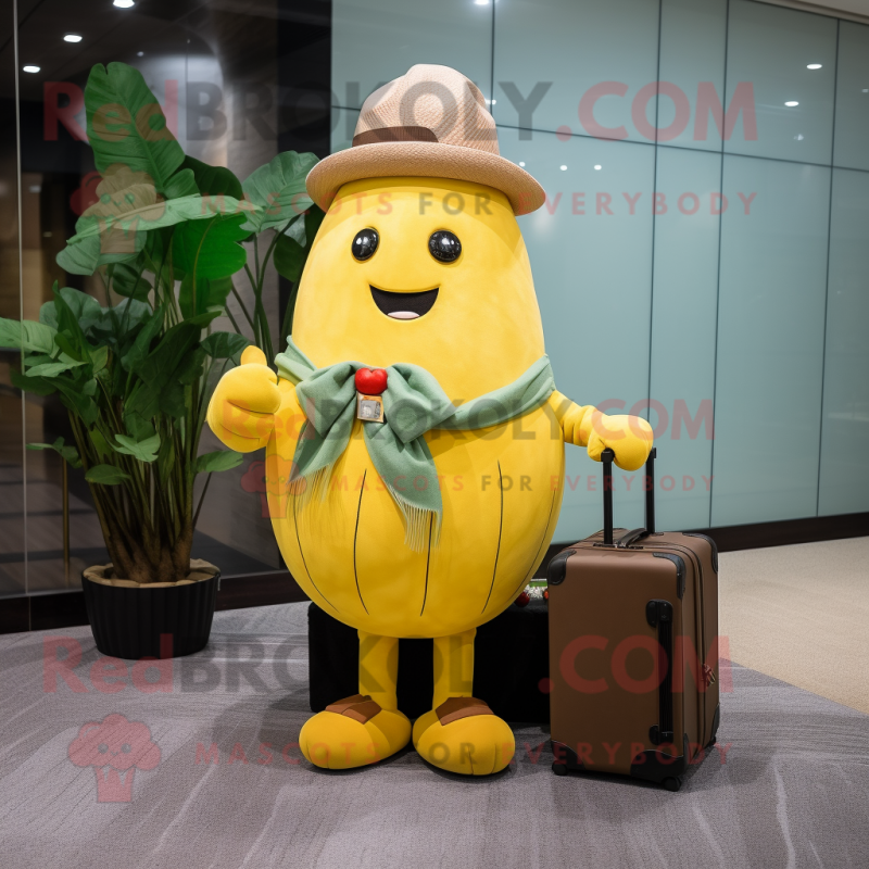 Yellow Turnip mascot costume character dressed with a Jacket and Briefcases